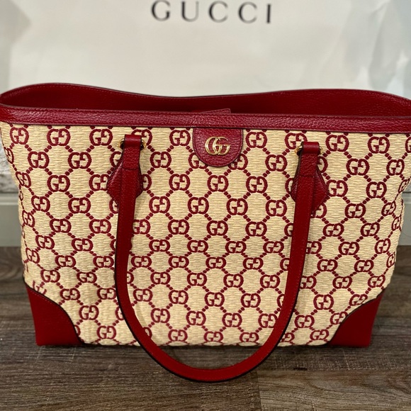 ⭐️SOLD ⭐️New Red Gucci GG Raffia Medium Ophidia Tote - Picture 7 of 11